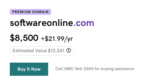 GoDaddy listing for softwareonlien shows its estimated value is more than the purchase price